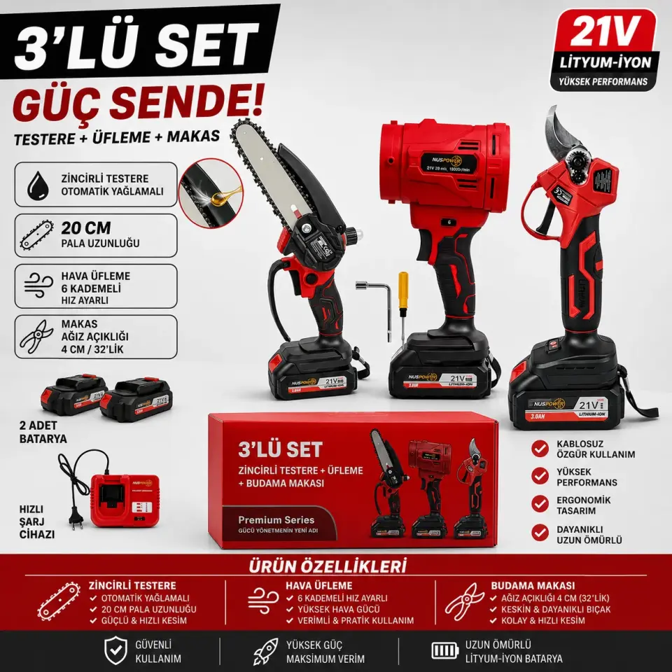 3'lü Set Akülü Testere Üfleme Ve Budama Makası