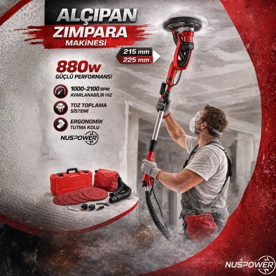 LED’li Kollu Alçıpan / Duvar Zımpara Makinesi 880W PRO 360° – Toz Emmeli ve Torbalı