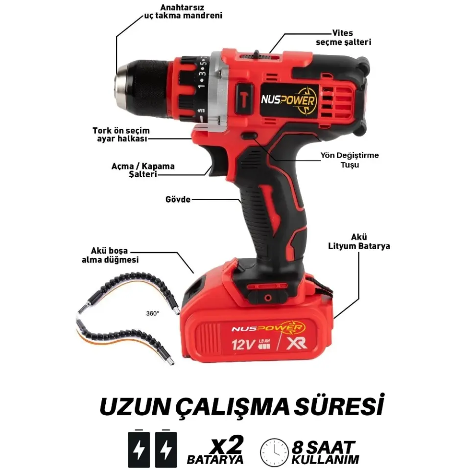 12V Kırmızı Çelik Mandrenli Akülü Matkap
