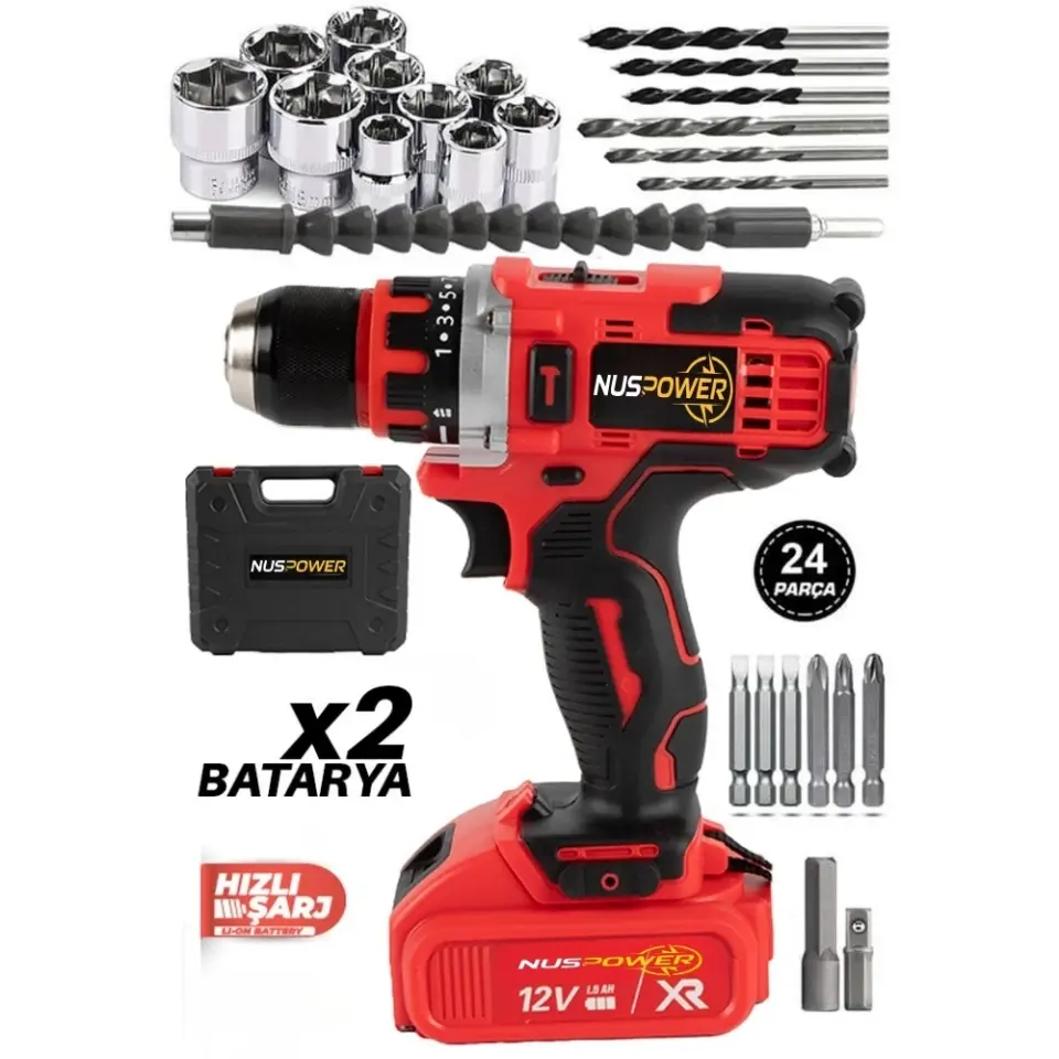 12V Kırmızı Çelik Mandrenli Akülü Matkap